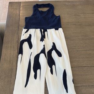 SHEIN Navy & White Girls Ribbed Tank Jumpsuit with Abstract Print